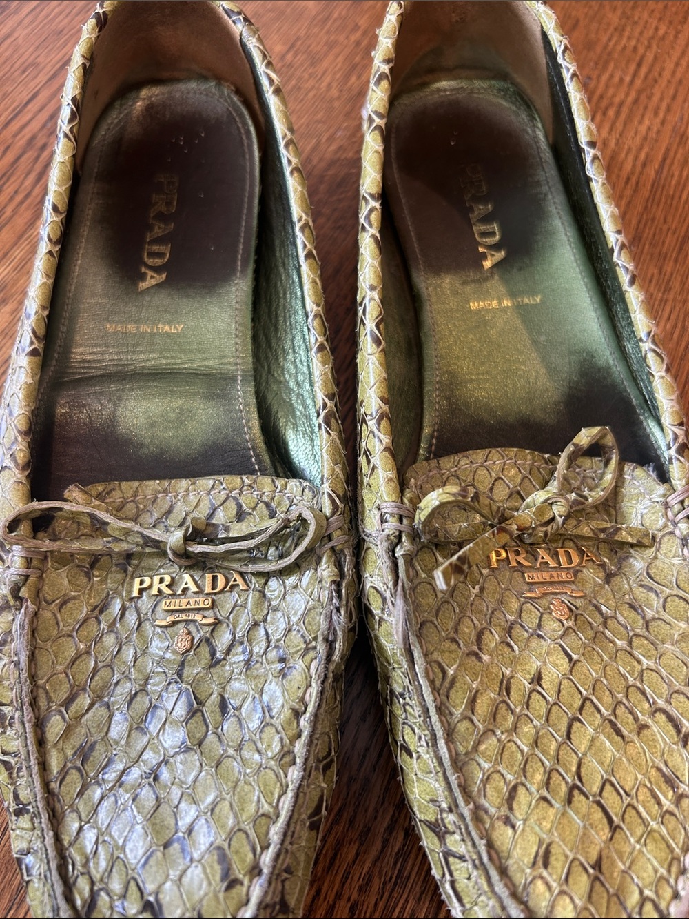 Prada Olive Green Snakeskin Loafers with Gold Logo 38 - Picture 2 of 6